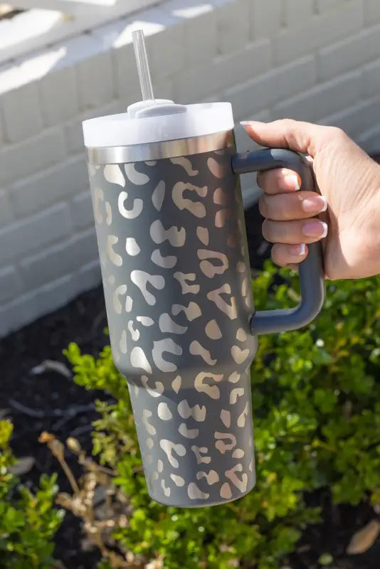 Gray leopard 40 oz stainless steel cup with handle | fashionfitz