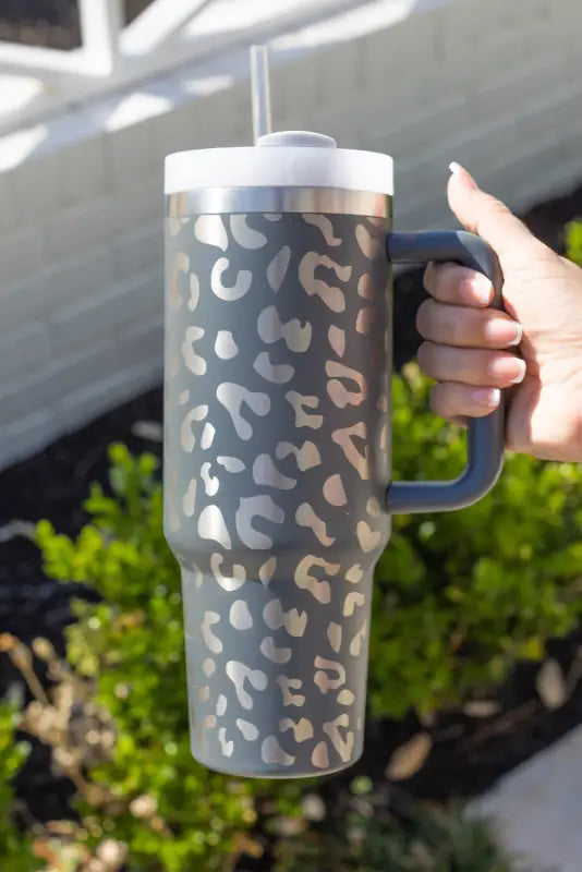 Gray leopard 40 oz stainless steel cup with handle | fashionfitz