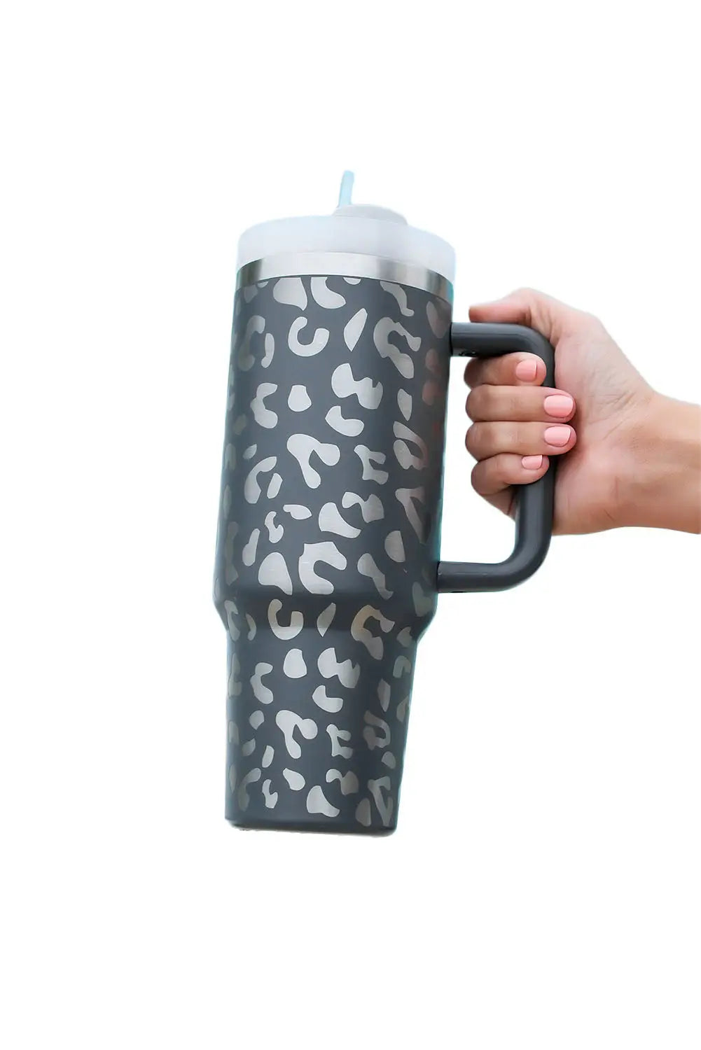 Gray leopard print 40oz stainless steel portable cup with handle - one size / steel - tumblers
