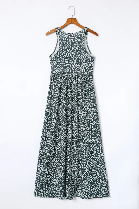 Gray leopard print pocketed sleeveless maxi dress - dresses