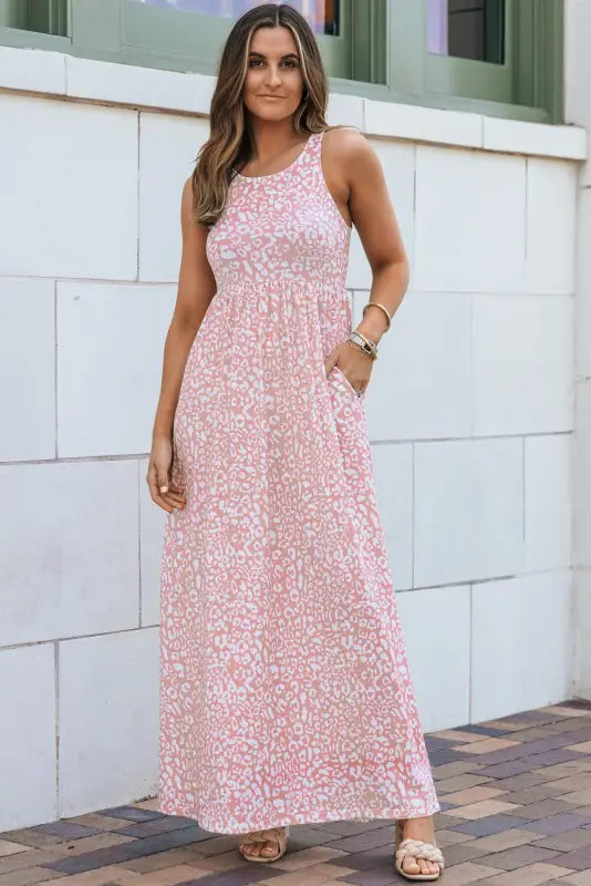 Gray leopard print pocketed sleeveless maxi dress - pink / s / 95% polyester + 5% elastane - dresses