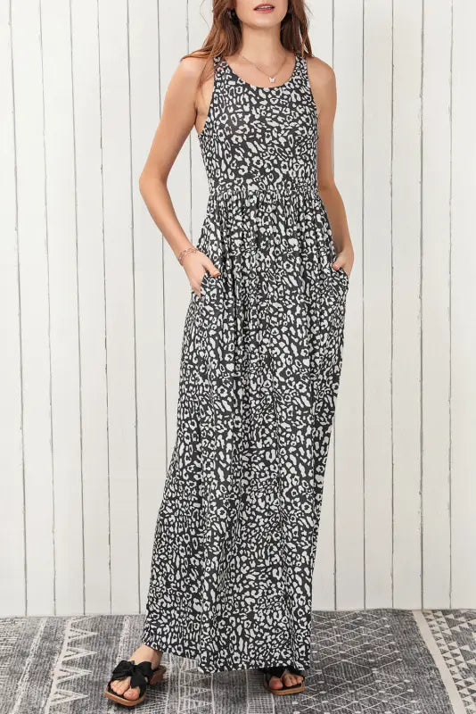 Gray leopard print pocketed sleeveless maxi dress - dresses