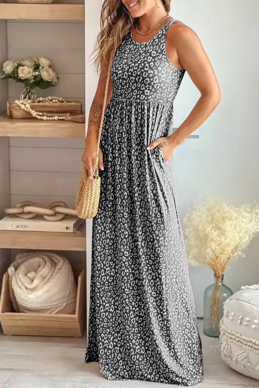 Gray leopard print pocketed sleeveless maxi dress - dresses