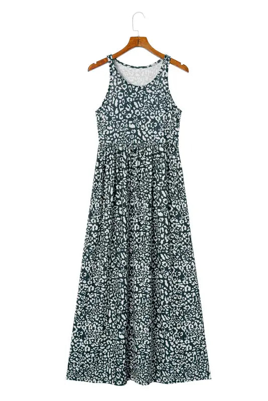 Gray leopard print pocketed sleeveless maxi dress - dresses