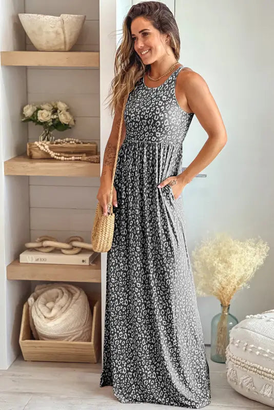 Gray leopard print pocketed sleeveless maxi dress - dresses