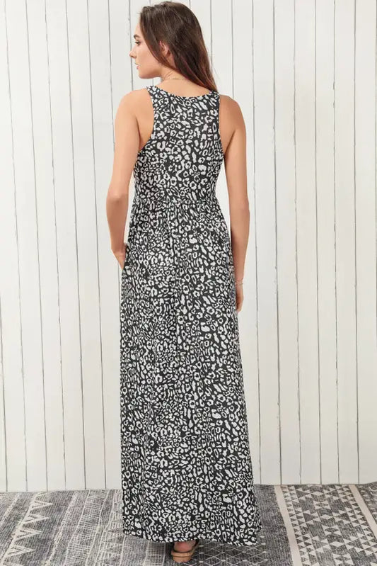 Gray leopard print pocketed sleeveless maxi dress - dresses