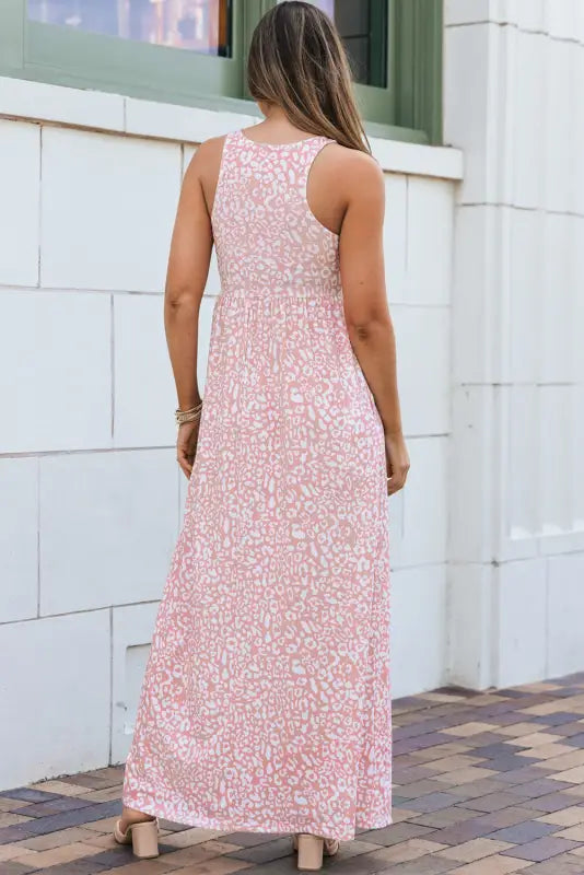 Gray leopard print pocketed sleeveless maxi dress - dresses