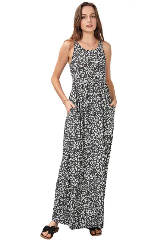 Gray leopard print pocketed sleeveless maxi dress - dresses