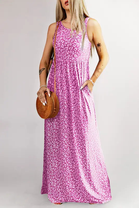 Gray leopard print pocketed sleeveless maxi dress - dresses