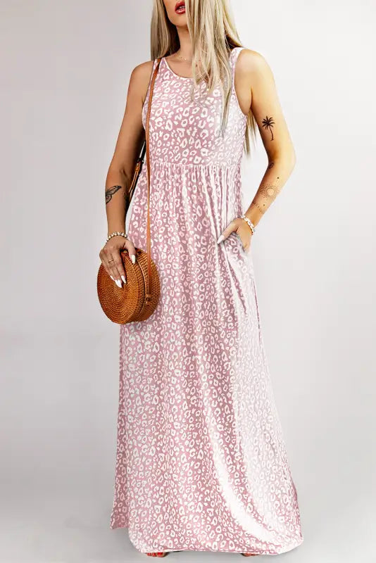 Gray leopard print pocketed sleeveless maxi dress - dresses