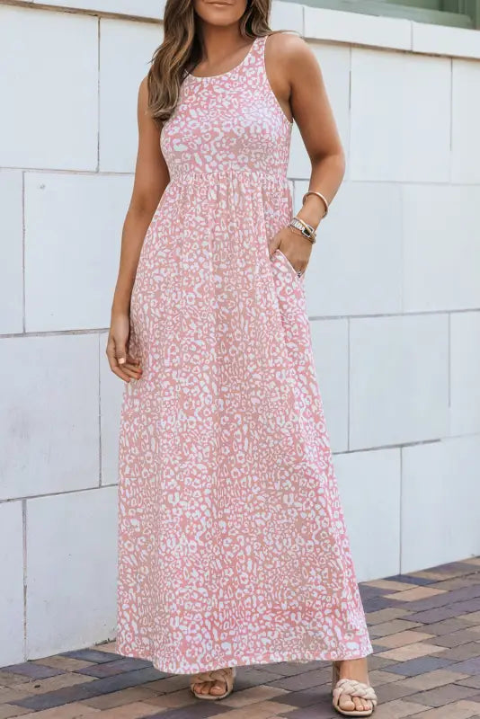 Gray leopard print pocketed sleeveless maxi dress - dresses