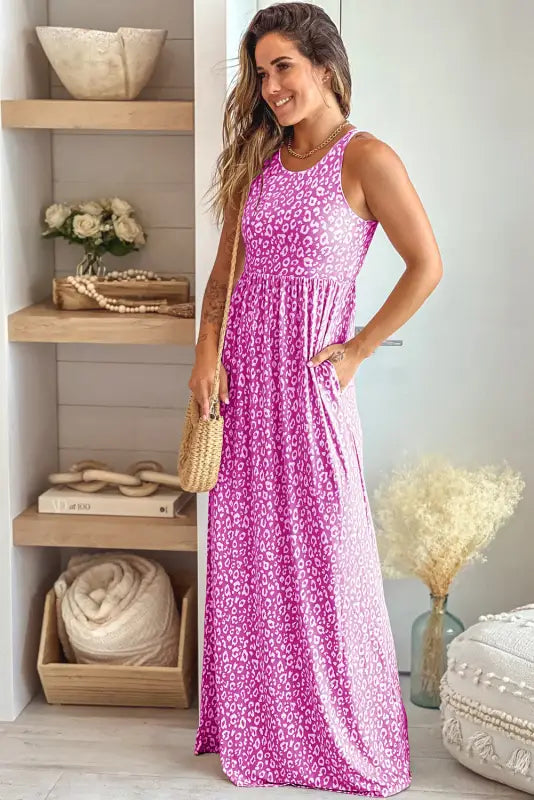 Gray leopard print pocketed sleeveless maxi dress - dresses