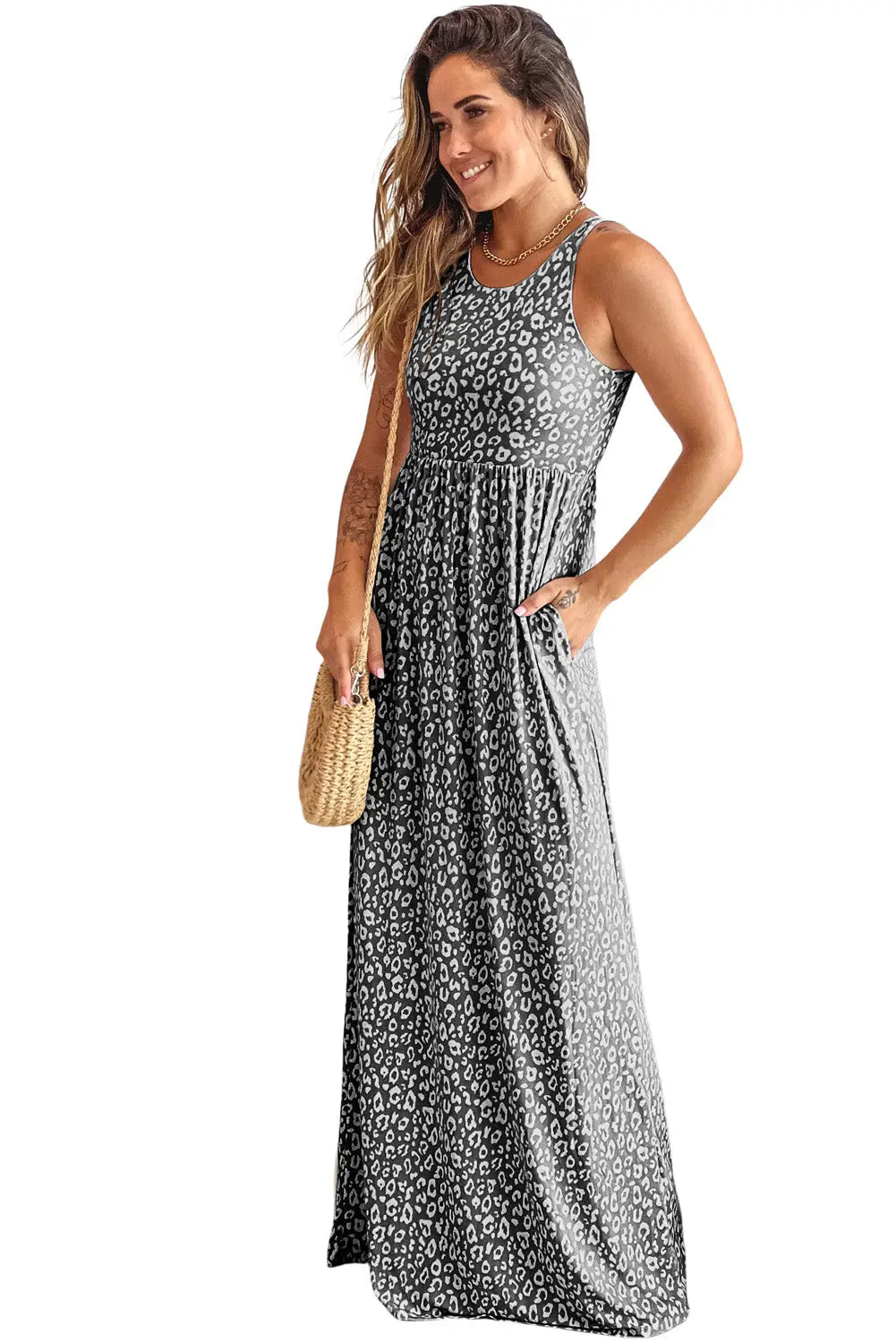 Gray leopard print pocketed sleeveless maxi dress - dresses