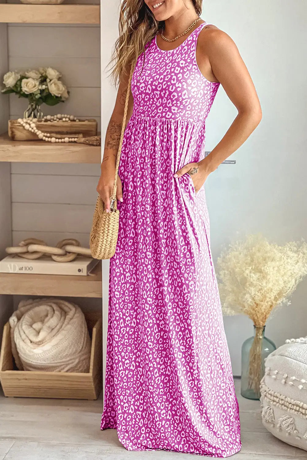Gray leopard print pocketed sleeveless maxi dress - rose / s / 95% polyester + 5% elastane - dresses