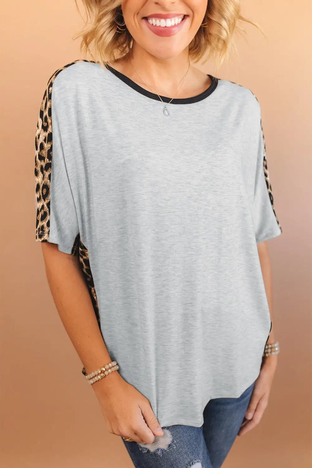 Gray leopard splicing o-neck short sleeve t shirt - t-shirts