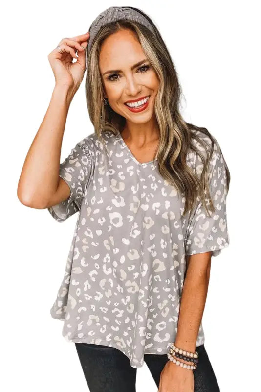 Gray leopard spots print loose t shirt - t-shirts