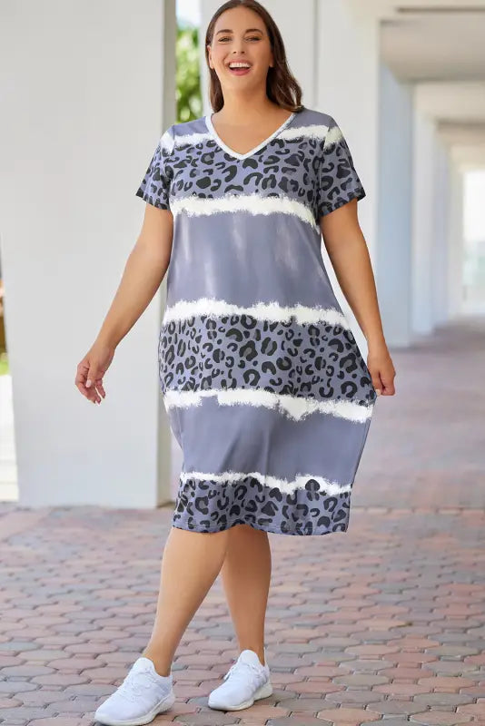 Gray leopard tie dye long sleeve shift dress - 1x / 95% polyester + 5% elastane - dresses