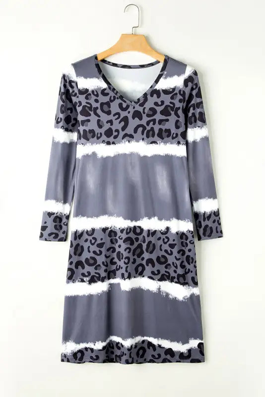 Gray leopard tie dye long sleeve shift dress - dresses