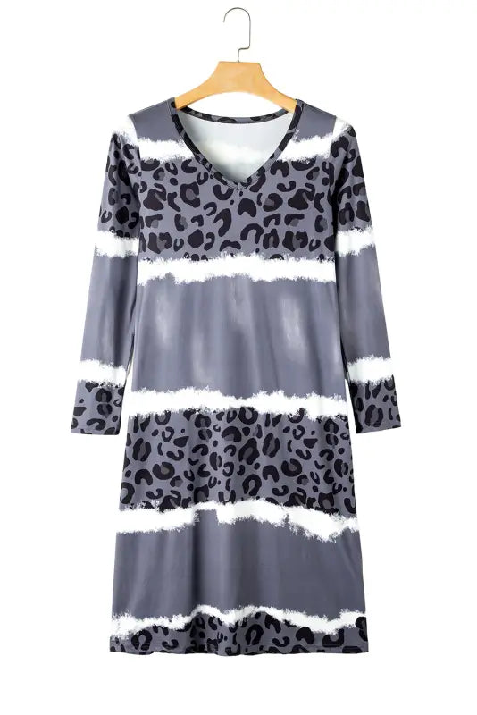 Gray leopard tie dye long sleeve shift dress - dresses