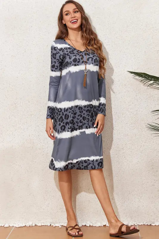 Gray leopard tie dye long sleeve shift dress - dresses