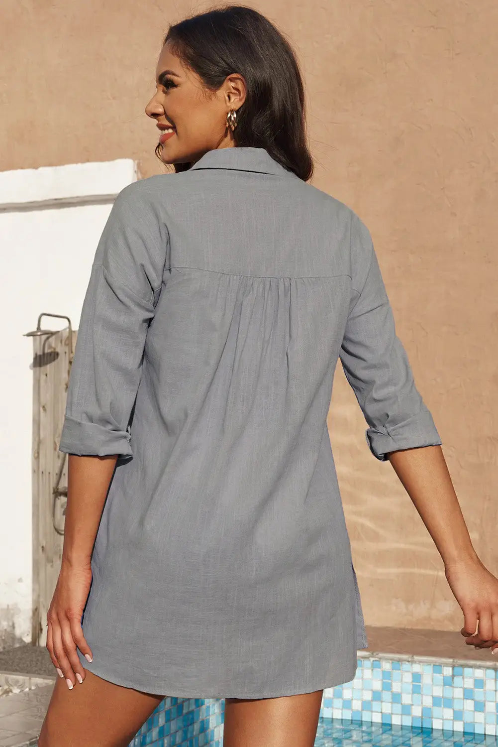 Gray lightweight shirt style beach cover up - cover-ups