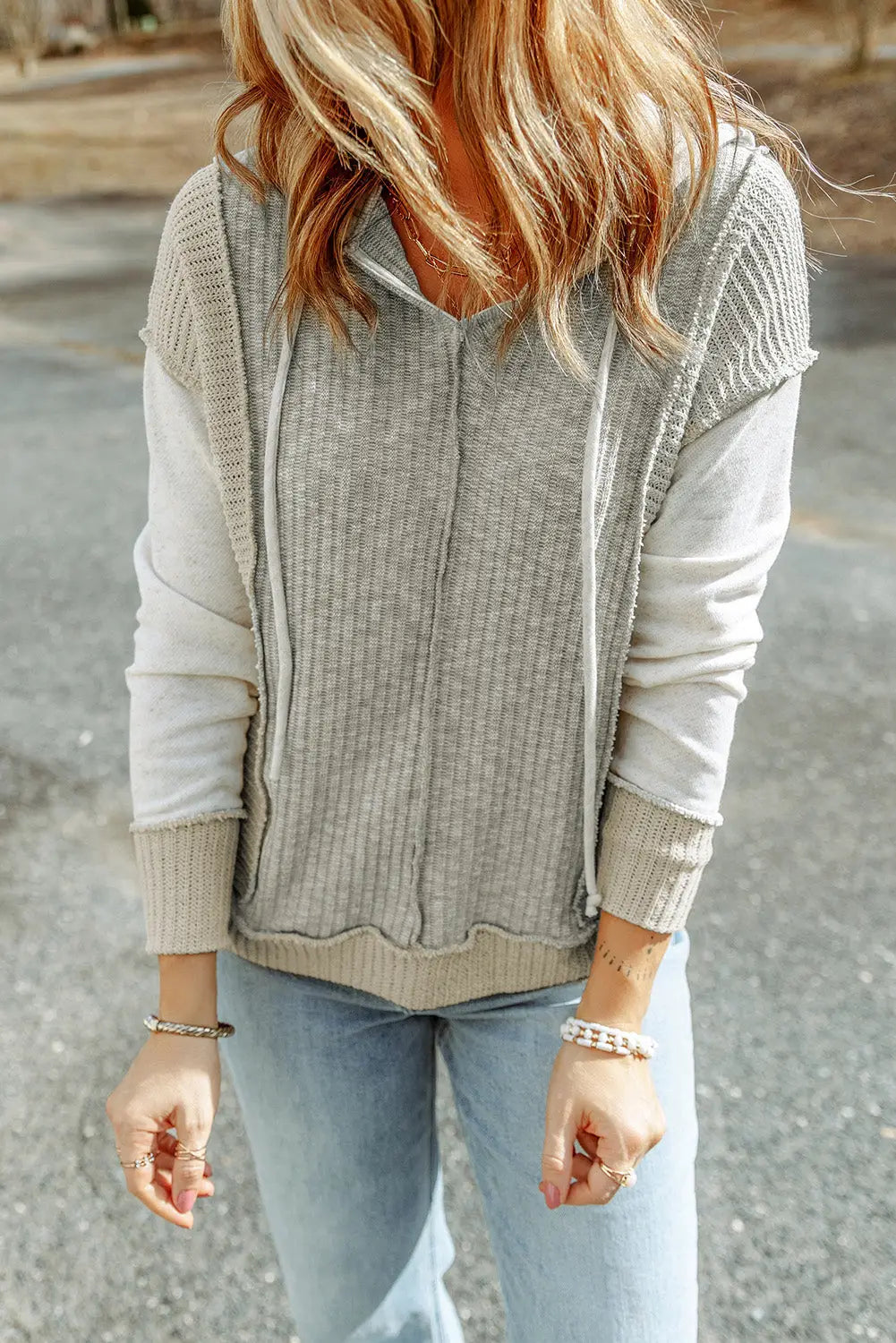 Gray long sleeve textured knit patchwork hoodie - sweatshirts & hoodies