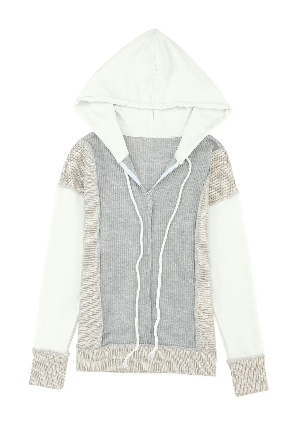 Gray long sleeve textured knit patchwork hoodie - sweatshirts & hoodies