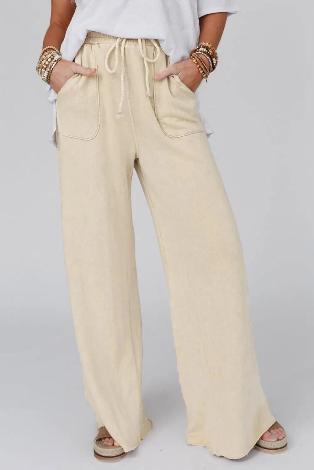 Gray mineral washed drawstring retro wide leg pants - apricot / s / 80% polyester + 20% cotton