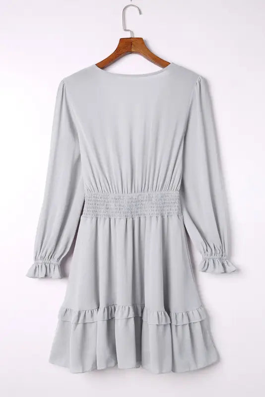 Gray mini dress - deep v neck lantern sleeve knotted tiered - dresses