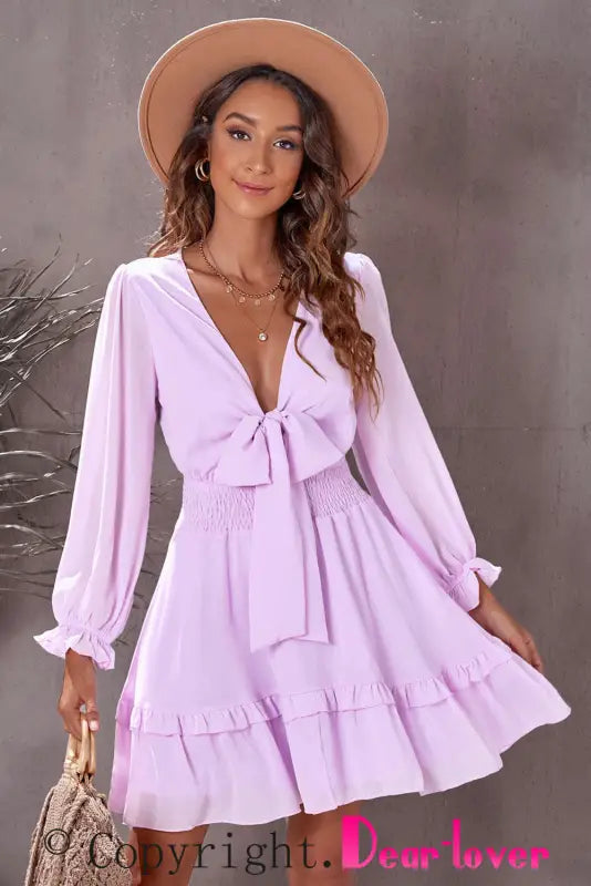 Gray mini dress - deep v neck lantern sleeve knotted tiered - dresses