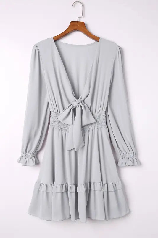 Gray mini dress - deep v neck lantern sleeve knotted tiered - dresses