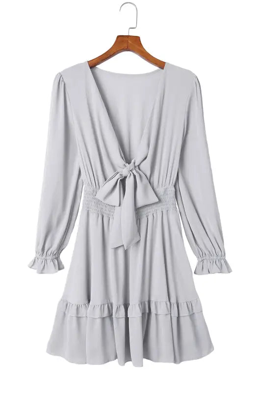 Gray mini dress - deep v neck lantern sleeve knotted tiered - dresses