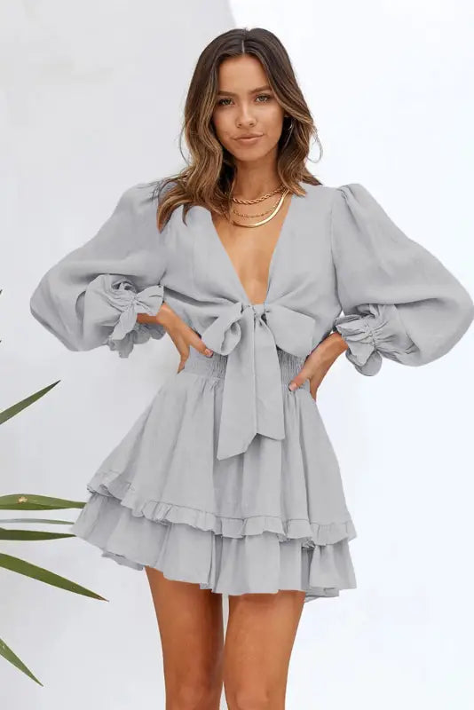 Gray mini dress - deep v neck lantern sleeve knotted tiered - dresses