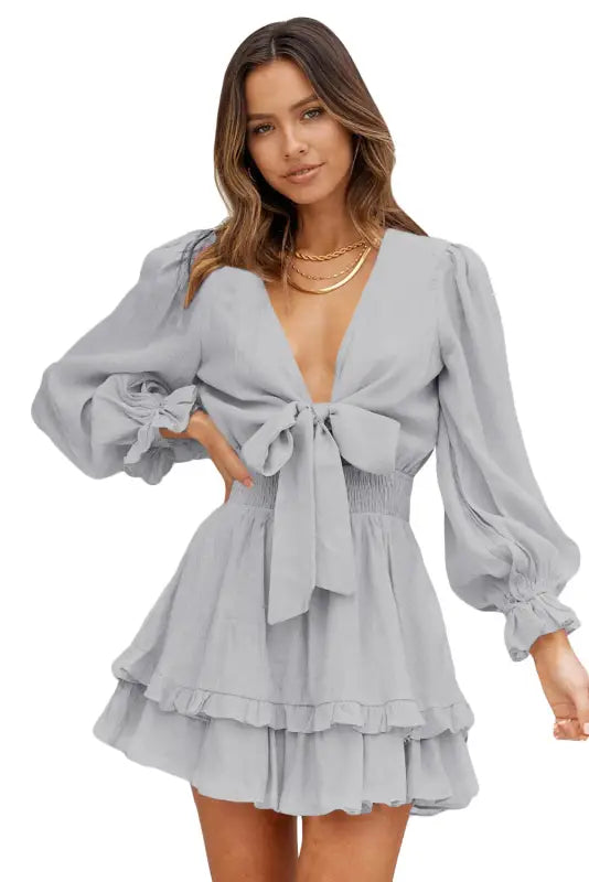 Gray mini dress - deep v neck lantern sleeve knotted tiered - dresses