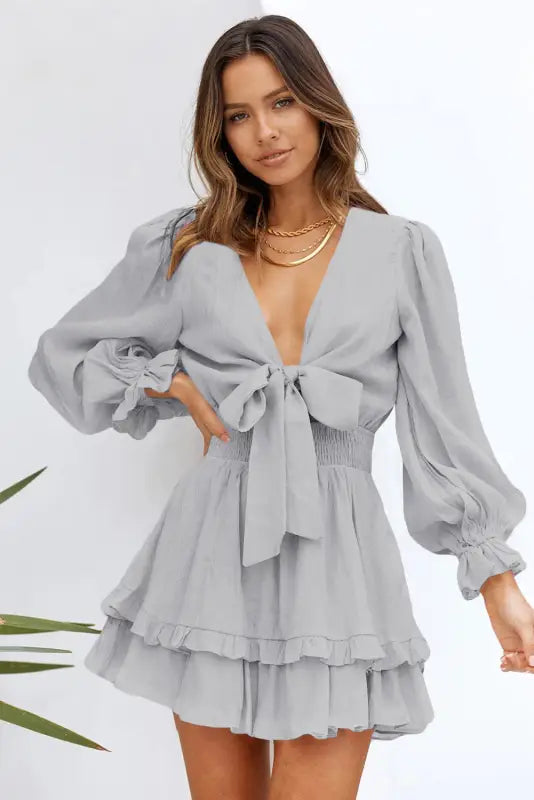 Gray mini dress - deep v neck lantern sleeve knotted tiered - dresses