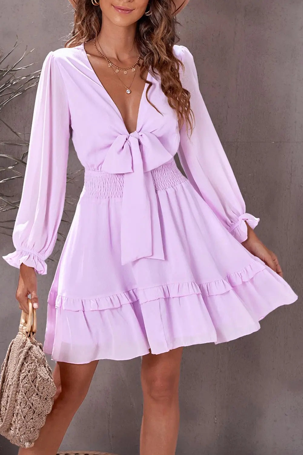 Gray mini dress - deep v neck lantern sleeve knotted tiered - pink / s / 95% polyester + 5% elastane - dresses
