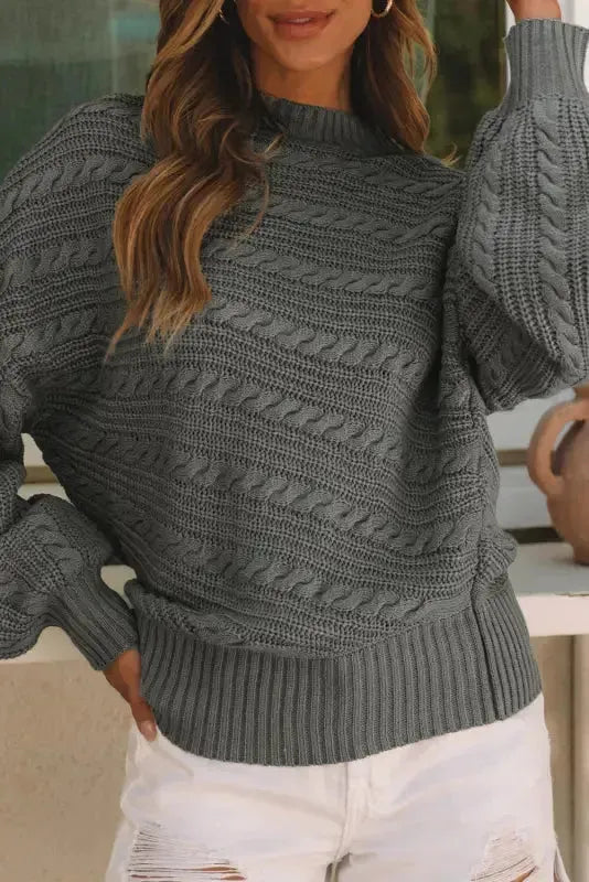 Gray Mock Neck Lantern Sleeve Cable Knit Sweater - Fashionfitz