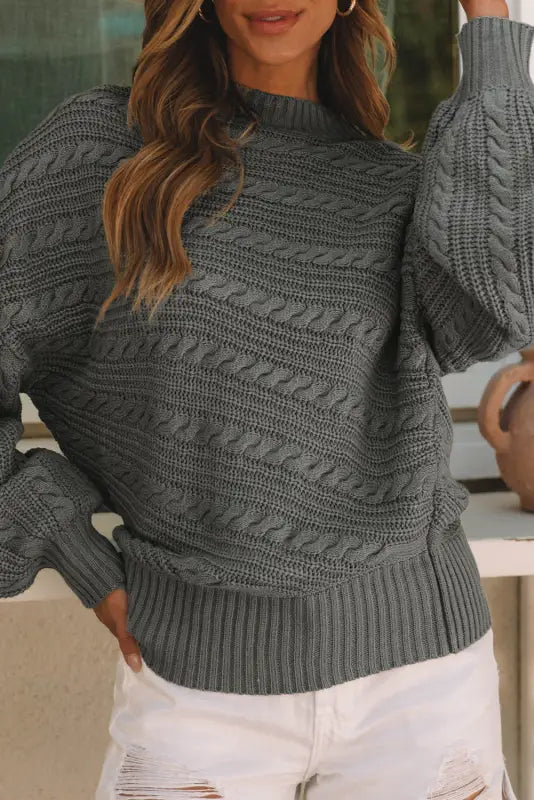 Gray mock neck lantern sleeve cable knit sweater - new