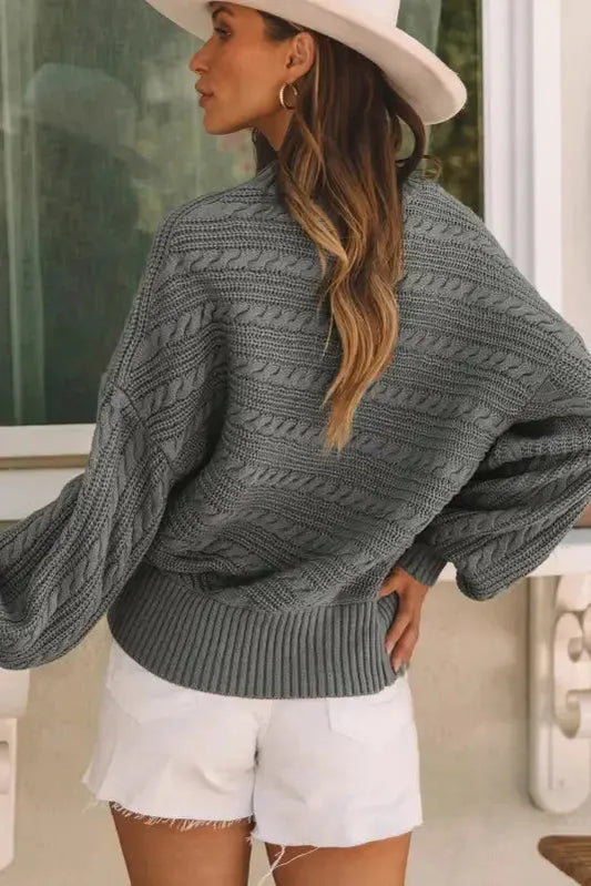 Gray Mock Neck Lantern Sleeve Cable Knit Sweater - Fashionfitz