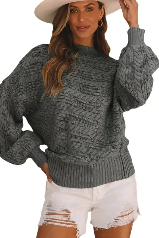 Gray Mock Neck Lantern Sleeve Cable Knit Sweater - Fashionfitz
