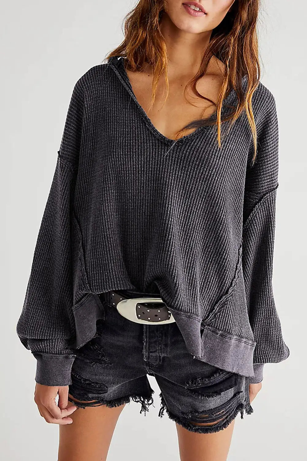 Gray oversized drop shoulder thermal knit top - s /