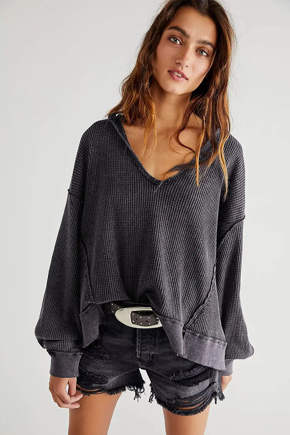 Gray oversized drop shoulder thermal knit top - tops