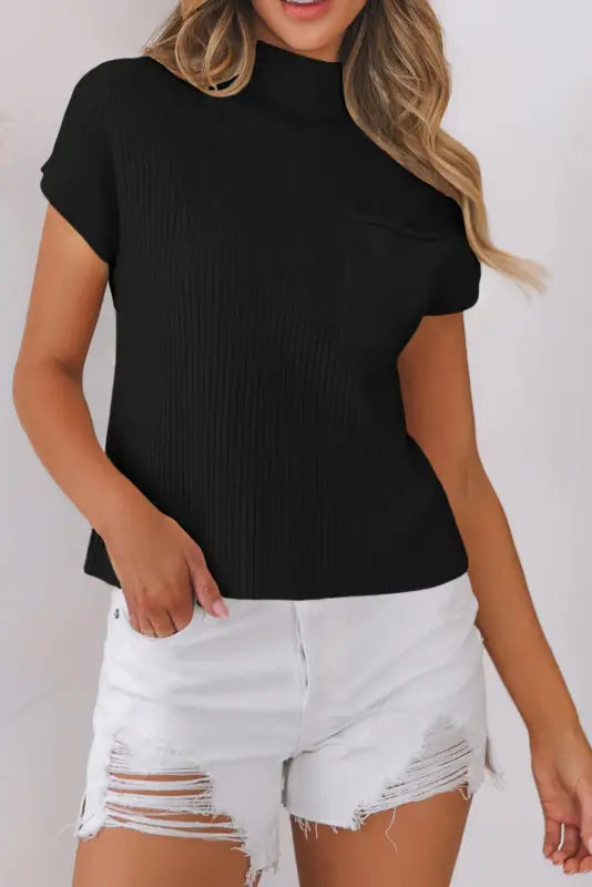 Patch pocket ribbed short sleeve sweater by fashionfitz