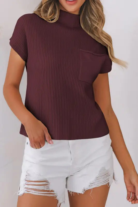 Patch pocket ribbed short sleeve sweater by fashionfitz