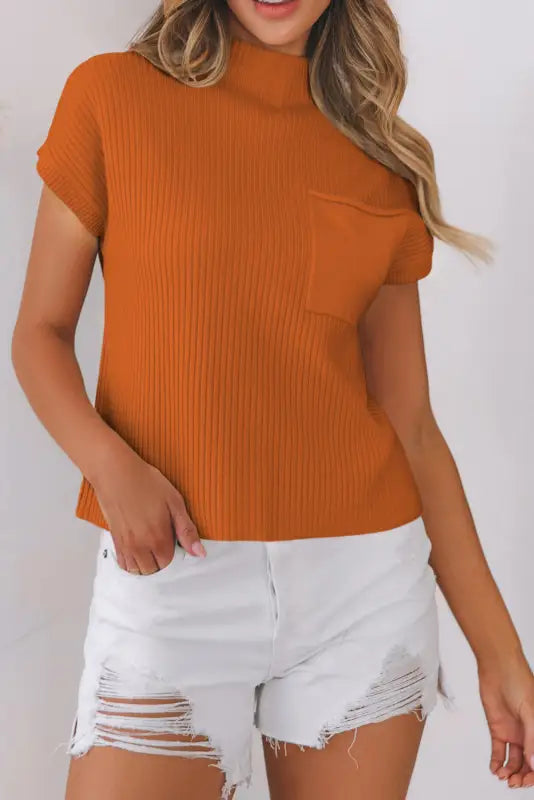 Patch pocket ribbed short sleeve sweater by fashionfitz