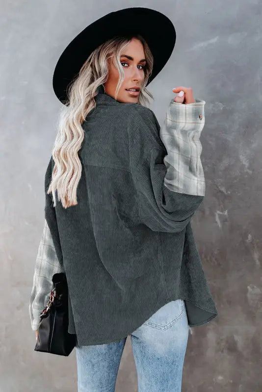 Gray plaid color block button-up oversize corduroy shirt - blouses & shirts