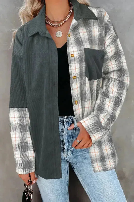 Gray Plaid Oversize Corduroy Shirt - Fashionfitz