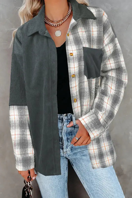 Gray plaid color block button-up oversize corduroy shirt - l / 100% polyester - blouses & shirts