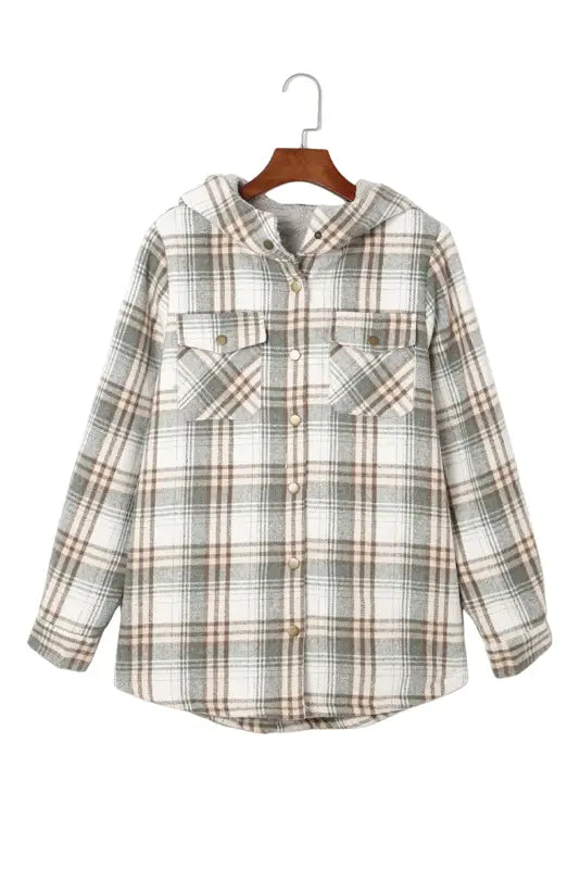 Gray plaid sherpa lined hooded shacket - shackets