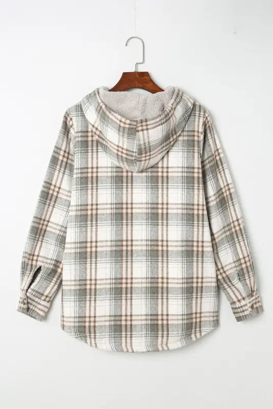 Gray plaid sherpa lined hooded shacket - shackets